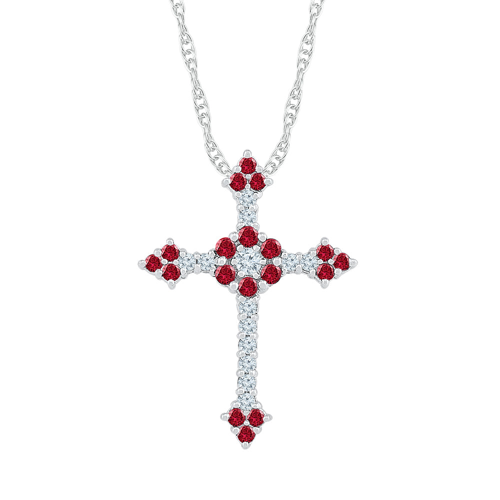 10kt White Gold Womens Round Lab-Created Ruby Cross Pendant 1.00 Cttw