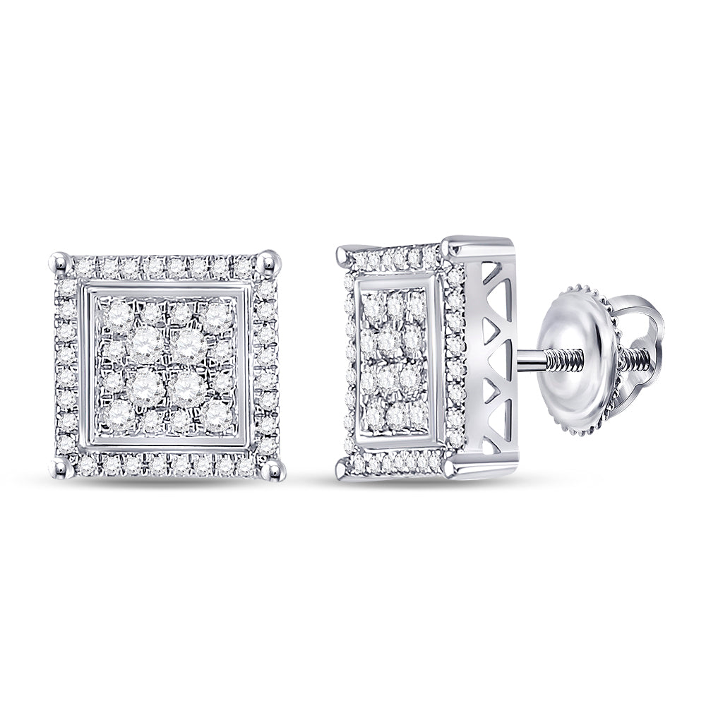 10kt White Gold Mens Round Diamond Fashion Cluster Earrings 1/2 Cttw