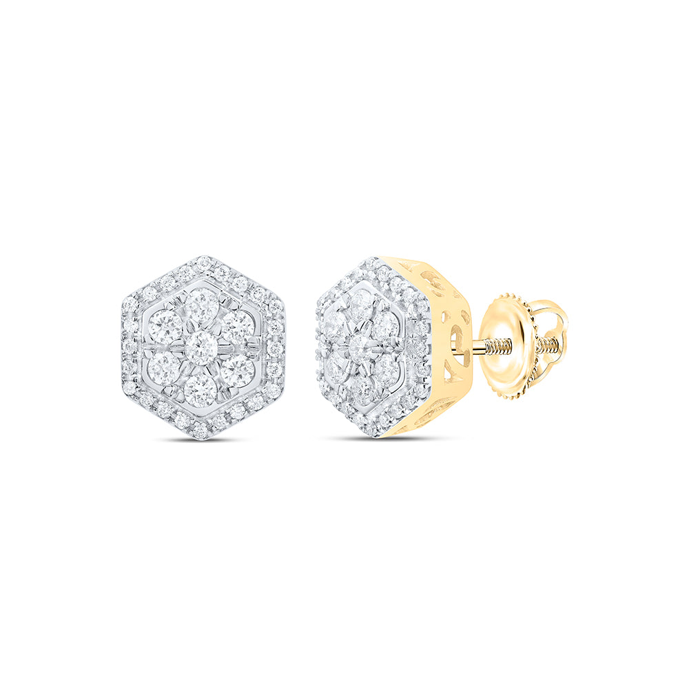 10kt Yellow Gold Mens Round Diamond Hexagonal Cluster Earrings 1/2 Cttw
