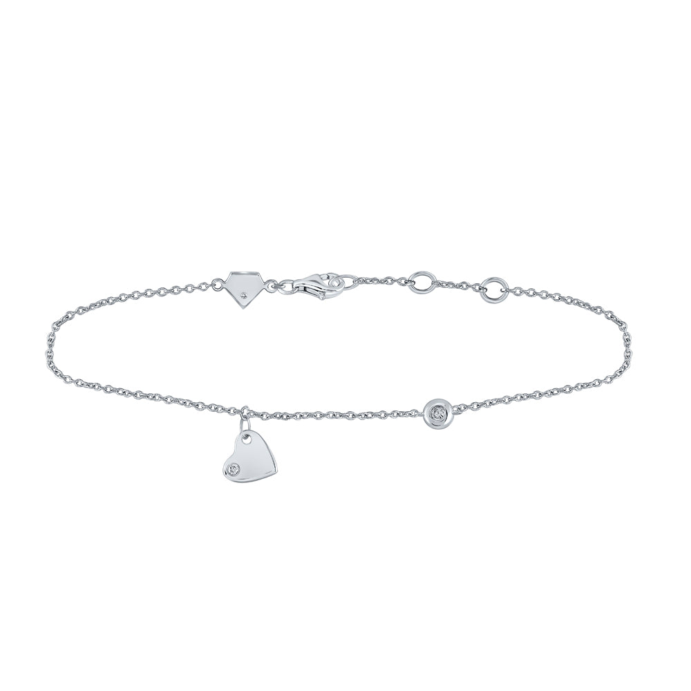 Sterling Silver Womens Round Diamond Fashion Heart Bracelet 1/20 Cttw