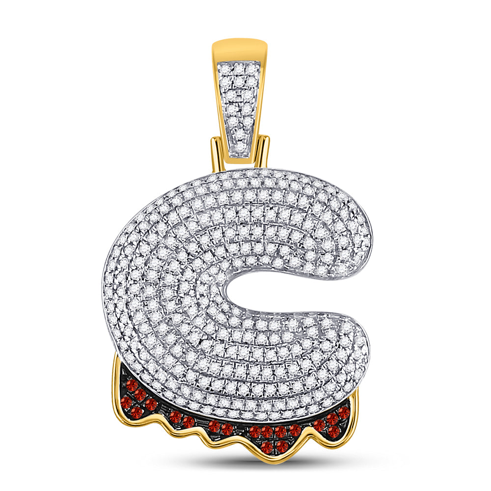 10kt Yellow Gold Mens Round Red Color Enhanced Diamond ""C"" Letter Charm Pendant 7/8 Cttw