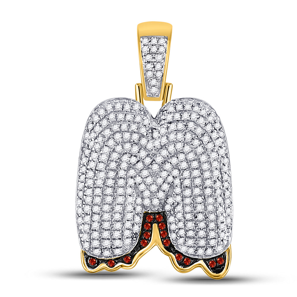 10kt Yellow Gold Mens Round Red Color Enhanced Diamond ""M"" Letter Charm Pendant 3/4 Cttw