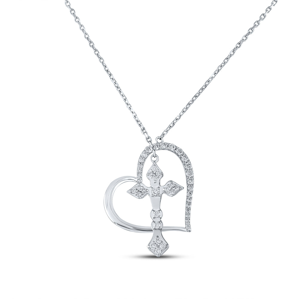 14kt White Gold Womens Round Diamond Cross Heart Necklace 5/8 Cttw