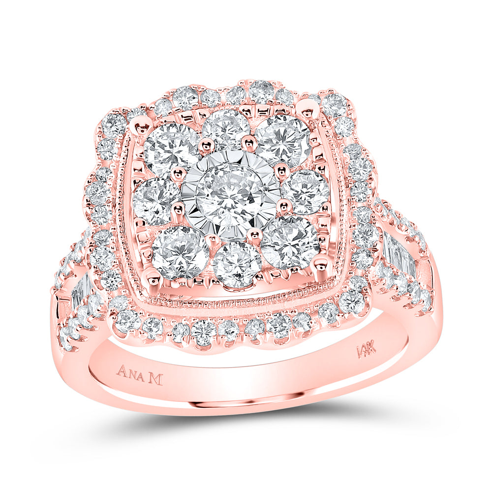 14kt Rose Gold Womens Round Diamond Cushion Cluster Bridal Wedding Engagement Ring 2.00 Cttw