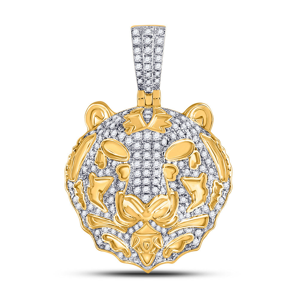10kt Yellow Gold Mens Round Diamond Tiger Head Charm Pendant 7/8 Cttw
