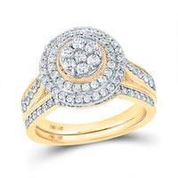 Load image into Gallery viewer, 10kt Yellow Gold His Hers Round Diamond Cluster Matching Bridal Wedding Ring Band Set 1-1/4 Cttw
