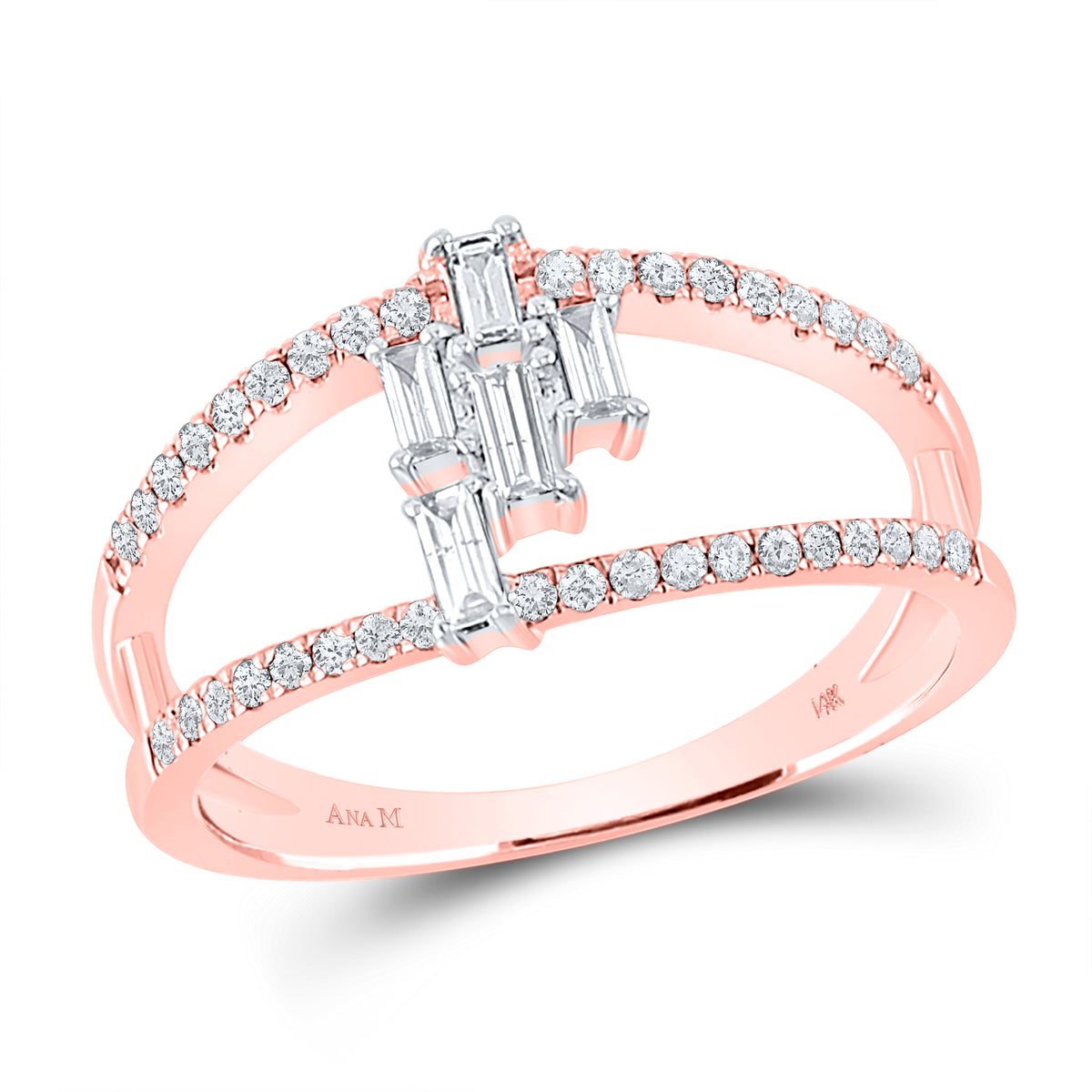 14kt Rose Gold Womens Baguette Diamond Modern Fashion Ring 1/3 Cttw