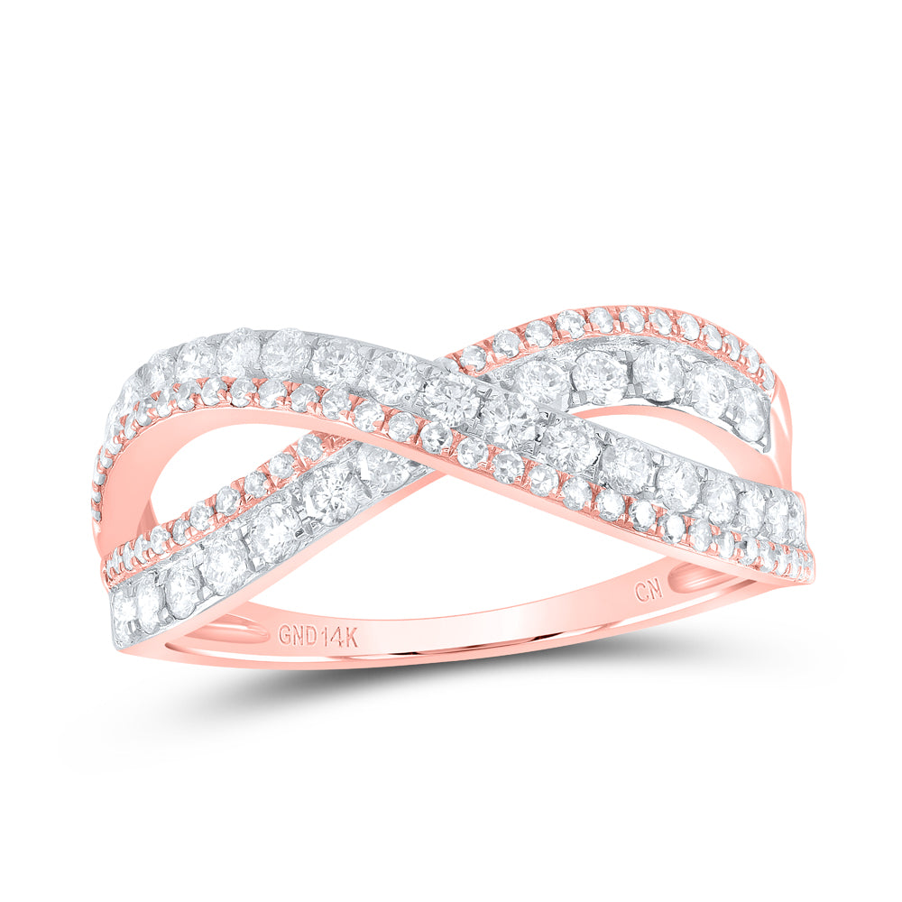 14kt Rose Gold Womens Round Diamond Fashion Crossover Band Ring 3/4 Cttw