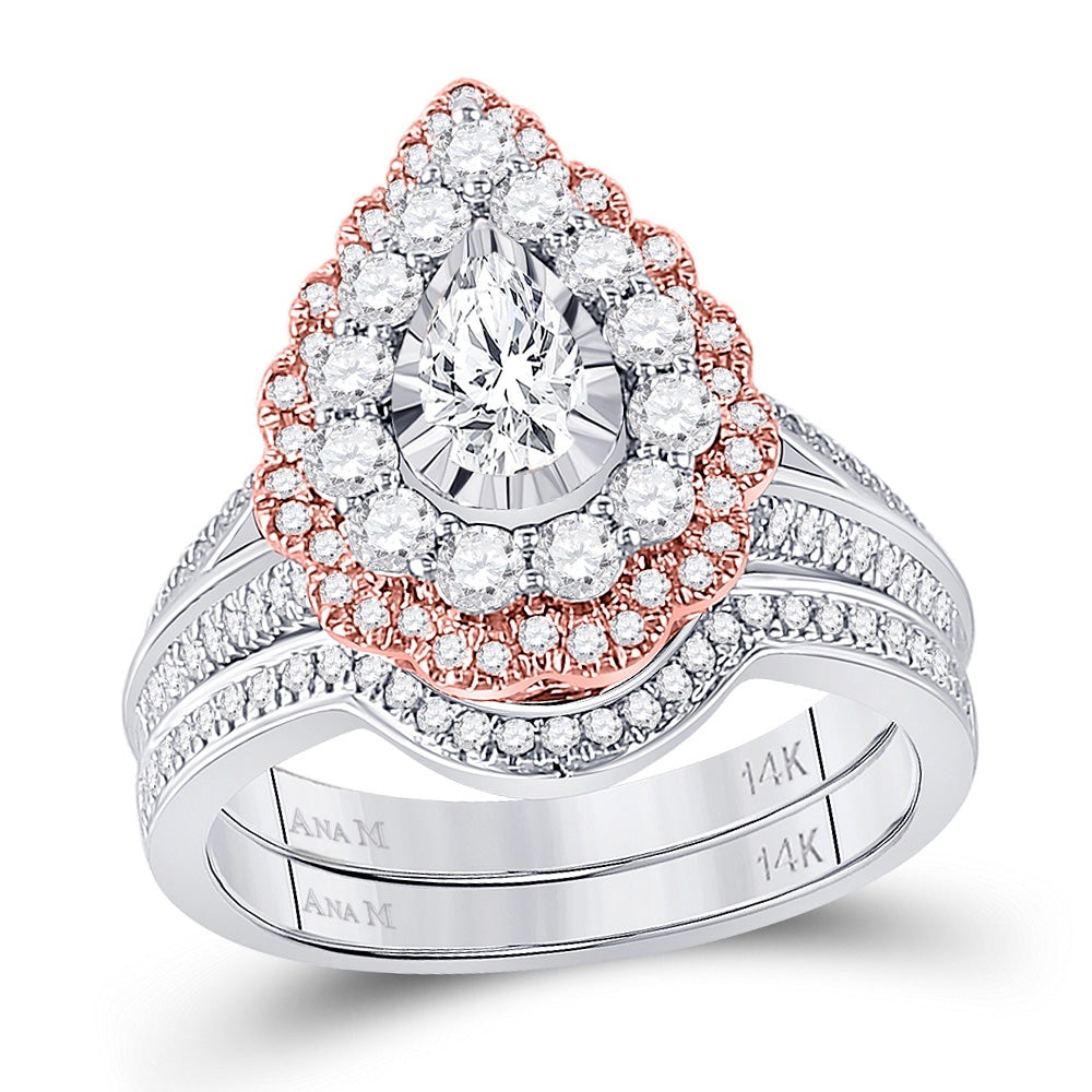 14kt Two-tone Gold Womens Pear Diamond Bridal Wedding Engagement Ring Band Set 1-1/3 Cttw (Certified)
