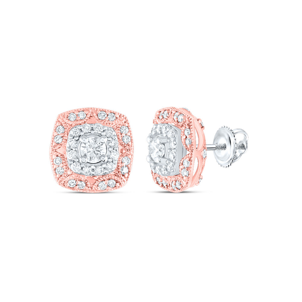 14kt Two-tone Gold Womens Round Diamond Cushion Halo Earrings 1/2 Cttw