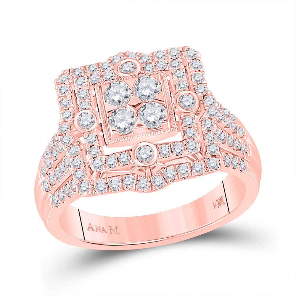 14kt Rose Gold Womens Round Diamond Fashion Cluster Halo Ring 1.00 Cttw