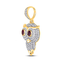 Load image into Gallery viewer, 10kt Yellow Gold Mens Round Ruby Diamond Owl Bird Charm Pendant 2-5/8 Cttw
