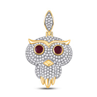 Load image into Gallery viewer, 10kt Yellow Gold Mens Round Ruby Diamond Owl Bird Charm Pendant 2-5/8 Cttw

