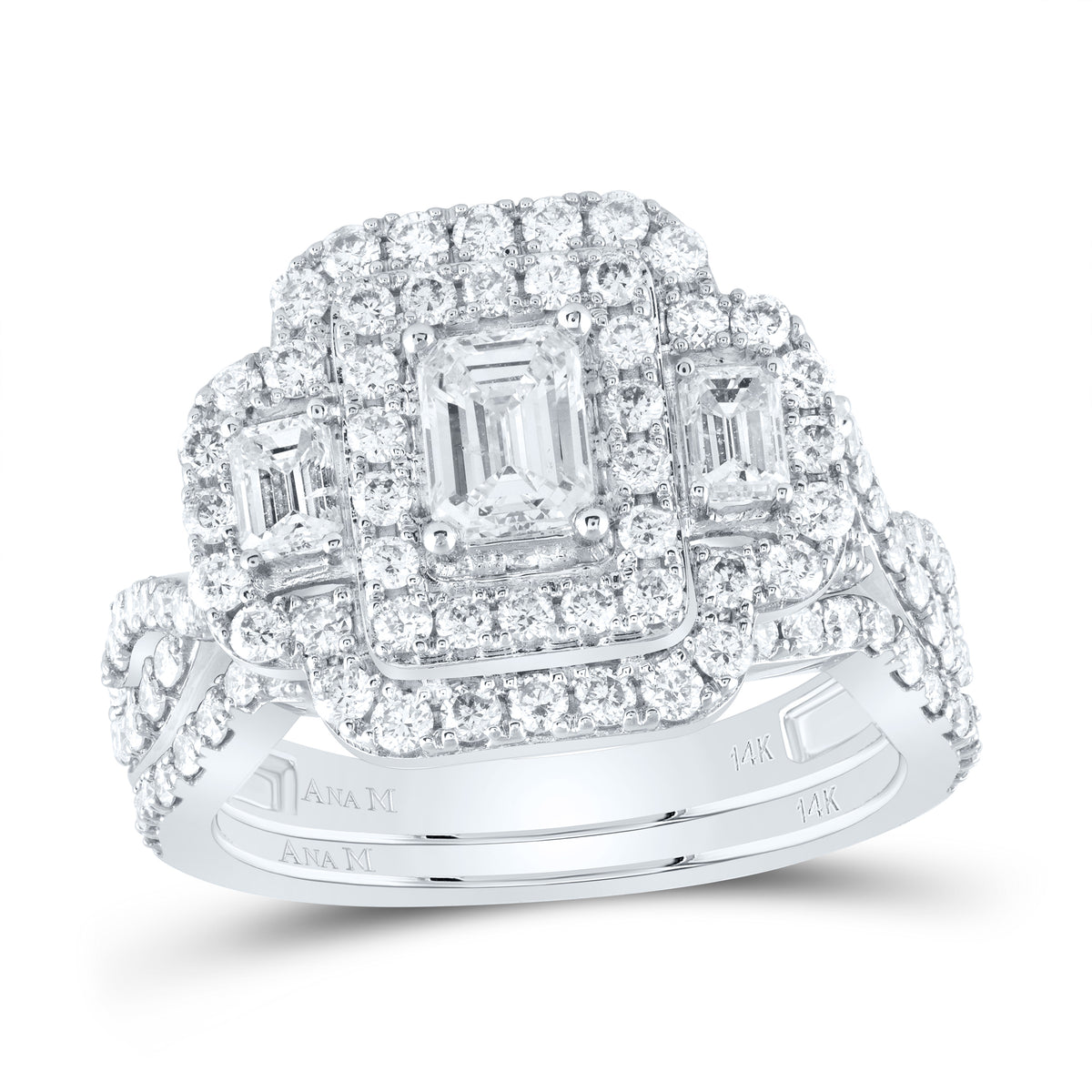 17/8CTW-DIA ANA M 1/2CT-CEMRL 2*1/3CT-EMRL BRIDAL SET 2 HALO