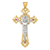 Load image into Gallery viewer, 14k Two-tone Polished with Red CZs Crucifix Pendant
