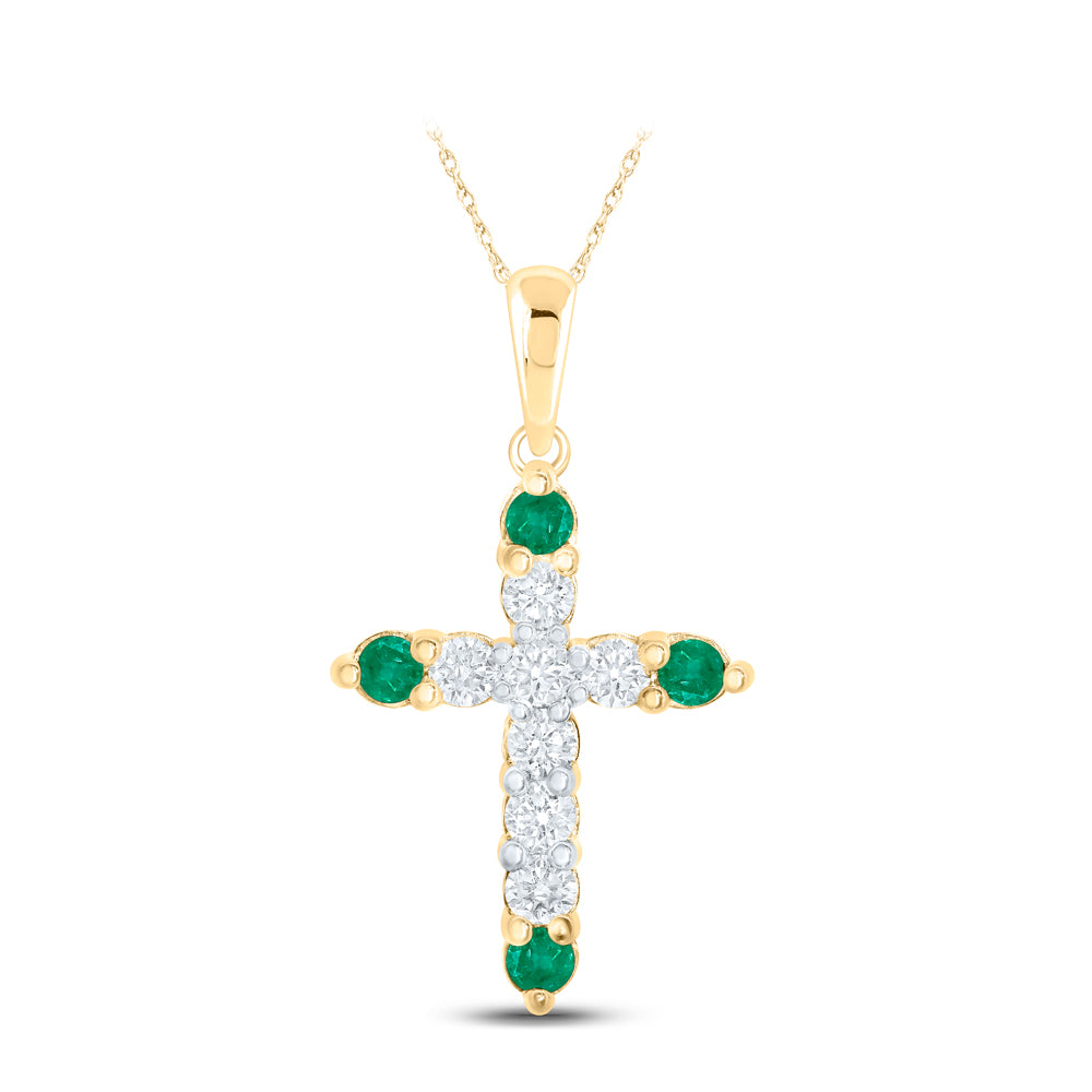 1/6CTW-DIA NK 1/20CT-EME NATURAL GEM CROSS PENDANT