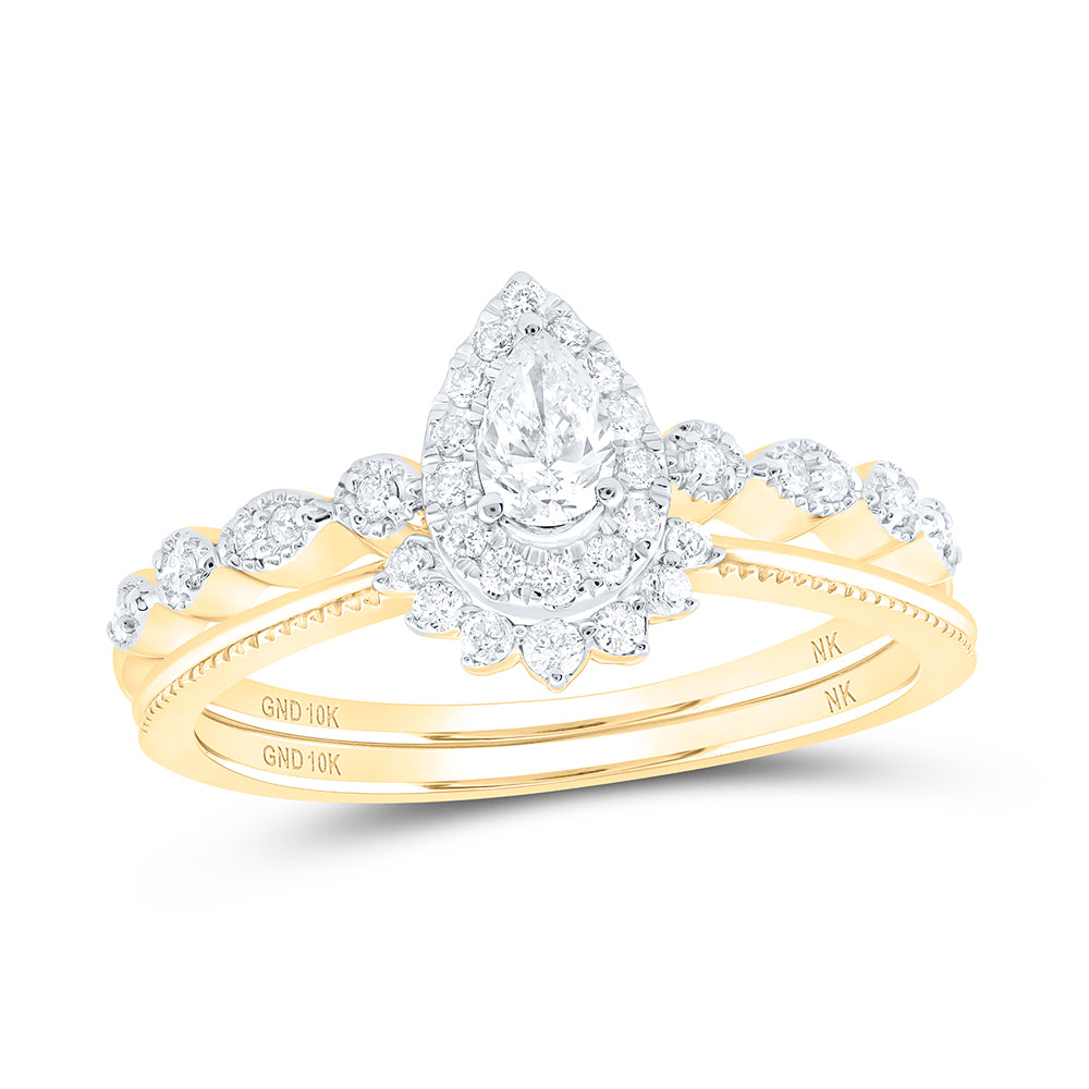 3/8CTW-DIA NK 1/5CT-CPEAR BRIDAL SET SINGLE HALO