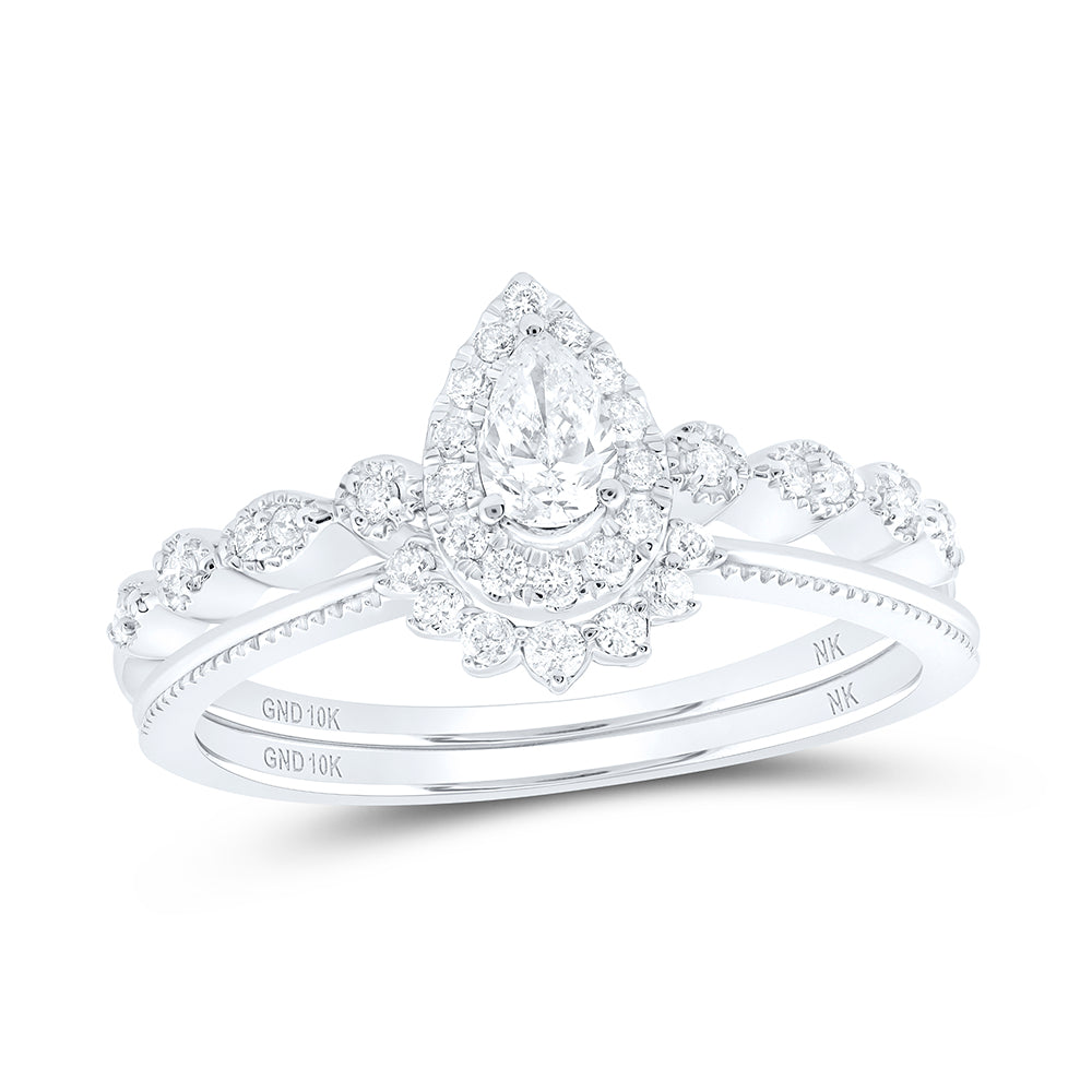 3/8CTW-DIA NK 1/5CT-CPEAR BRIDAL SET SINGLE HALO