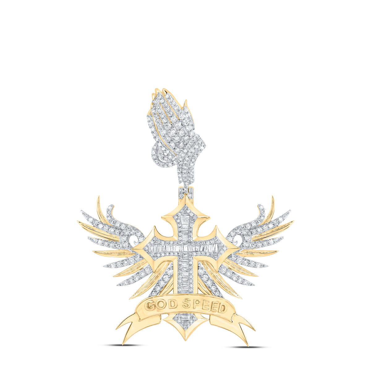 1 7/8CTW-DIA NK GOD SPEED WINGED MENS CROSS CHARM