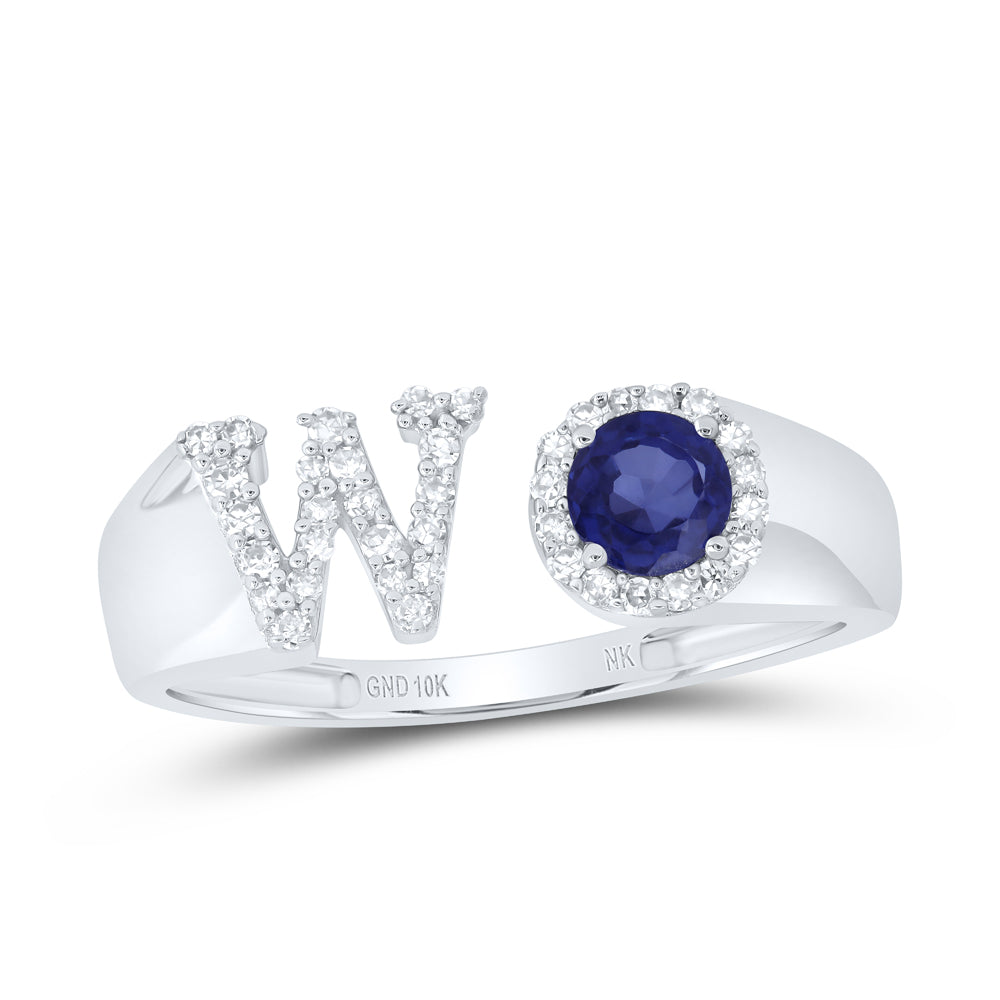 1/6CTW-DIA NK 4 MM RD-BS SYNTHETIC INITIAL "W" LADIES RING