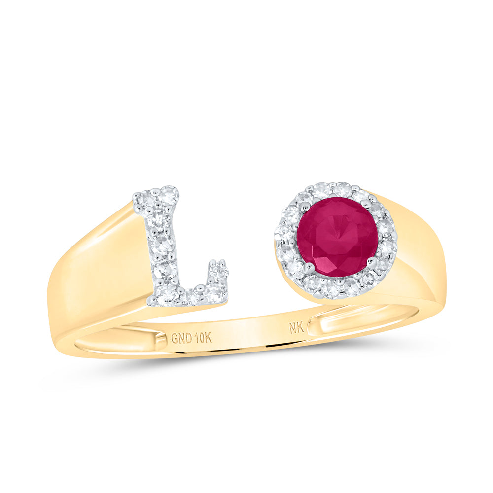 1/10CTW-DIA NK 4 MM RD-RU SYNTHETIC INITIAL  "L" LADIES RING