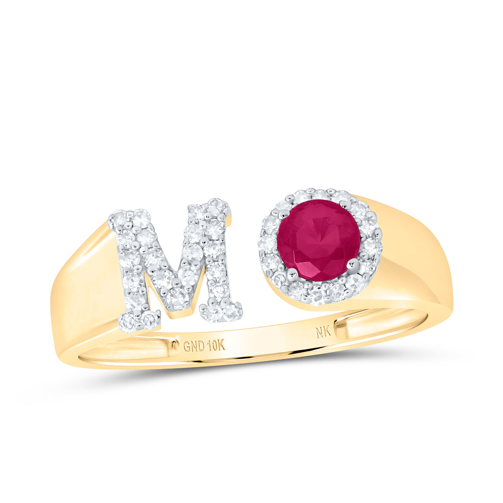 1/6CTW-DIA NK 4 MM RD-RU SYNTHETIC INITIAL  "M" LADIES RING