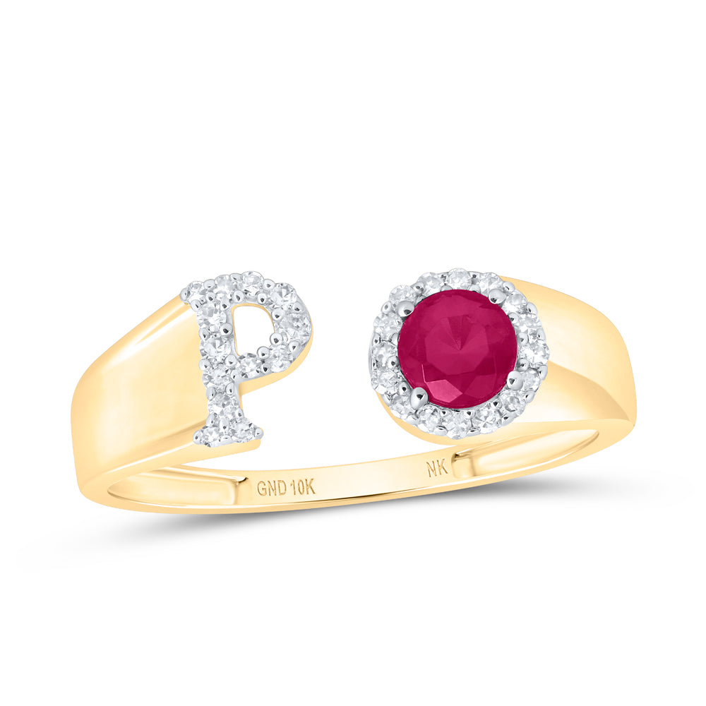 1/8CTW-NAT DIA NK 4 MM RD-RU SYNTHETIC INITIAL  "P" LADIES RING