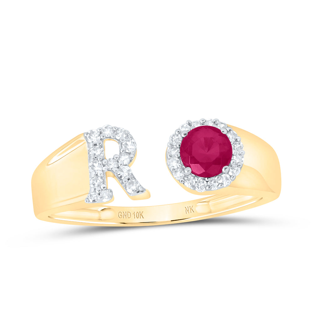 1/8CTW-NAT DIA NK 4 MM RD-RU SYNTHETIC INITIAL  "R" LADIES RING