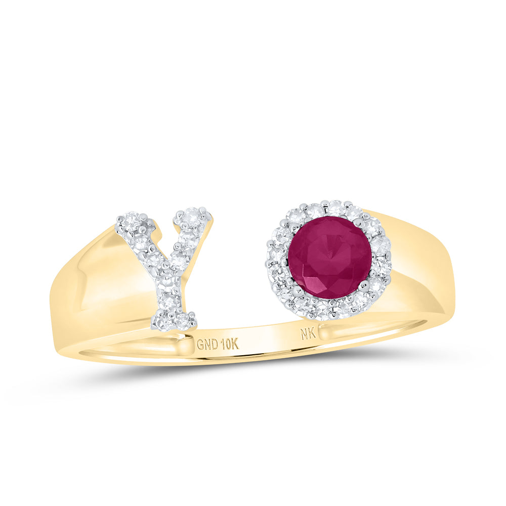 1/10CTW-DIA NK 4 MM RD-RU SYNTHETIC INITIAL  "Y" LADIES RING