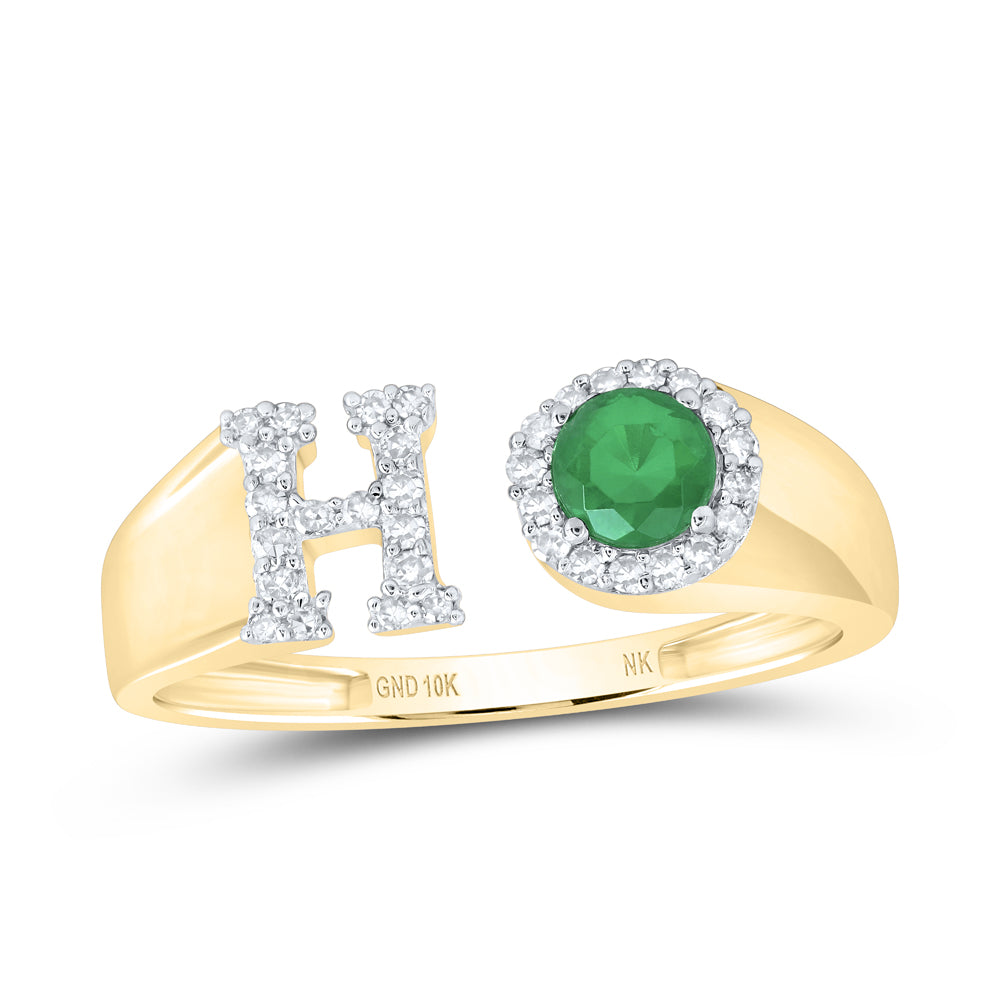 1/8CTW-NAT DIA NK 4 MM RD-EM SYNTHETIC INITIAL  "H" LADIES RING