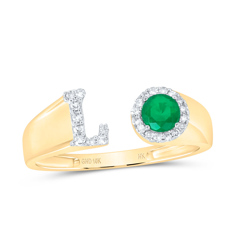 1/10CTW-DIA NK 4 MM RD-EM SYNTHETIC INITIAL  "L" LADIES RING