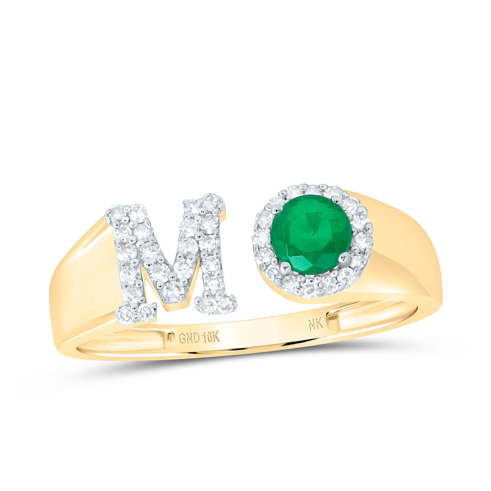 1/6CTW-DIA NK 4 MM RD-EM SYNTHETIC INITIAL  "M" LADIES RING