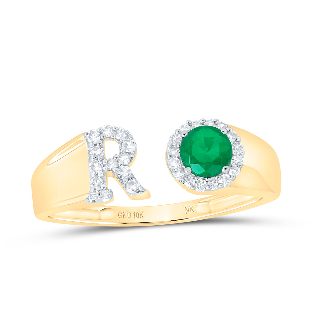 1/8CTW-NAT DIA NK 4 MM RD-EM SYNTHETIC INITIAL  "R" LADIES RING