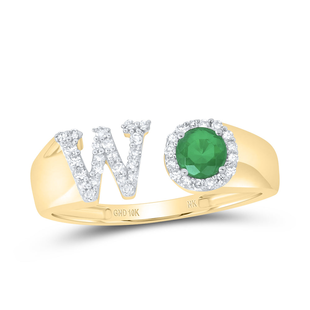 1/6CTW-DIA NK 4 MM RD-EM SYNTHETIC INITIAL  "W" LADIES RING