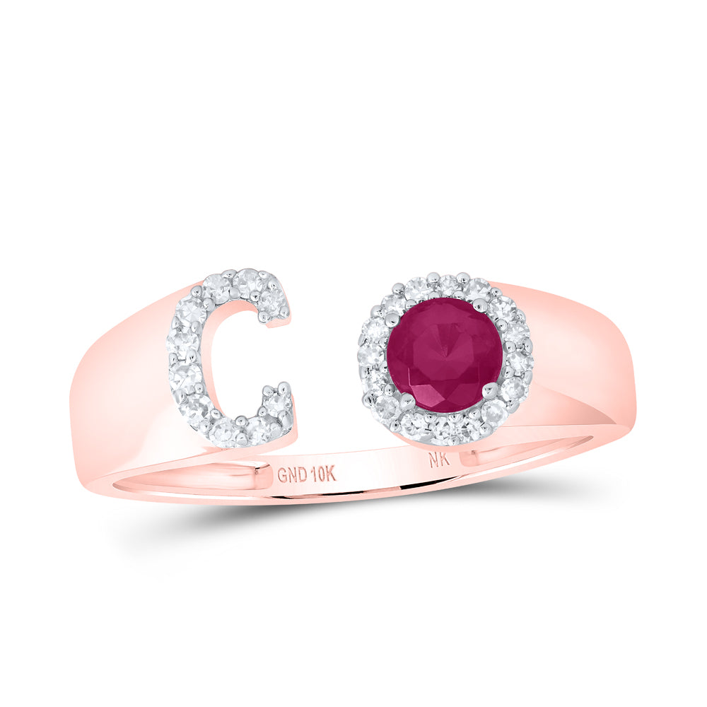 1/8CTW-NAT DIA NK 4 MM RD-RU SYNTHETIC INITIAL  "C" LADIES RING