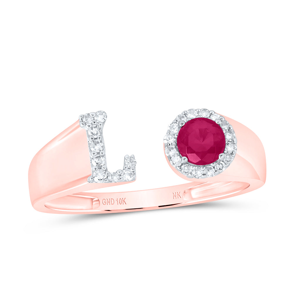 1/10CTW-DIA NK 4 MM RD-RU SYNTHETIC INITIAL  "L" LADIES RING