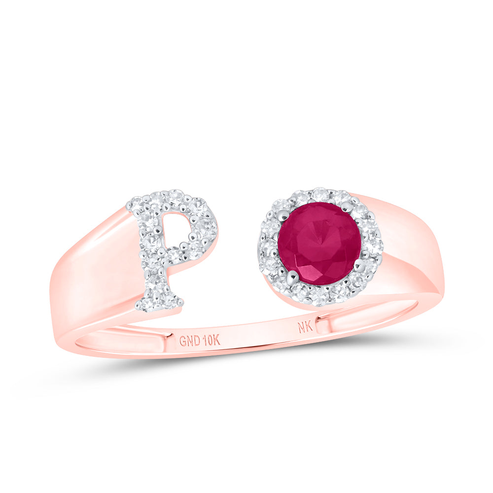 1/8CTW-NAT DIA NK 4 MM RD-RU SYNTHETIC INITIAL  "P" LADIES RING