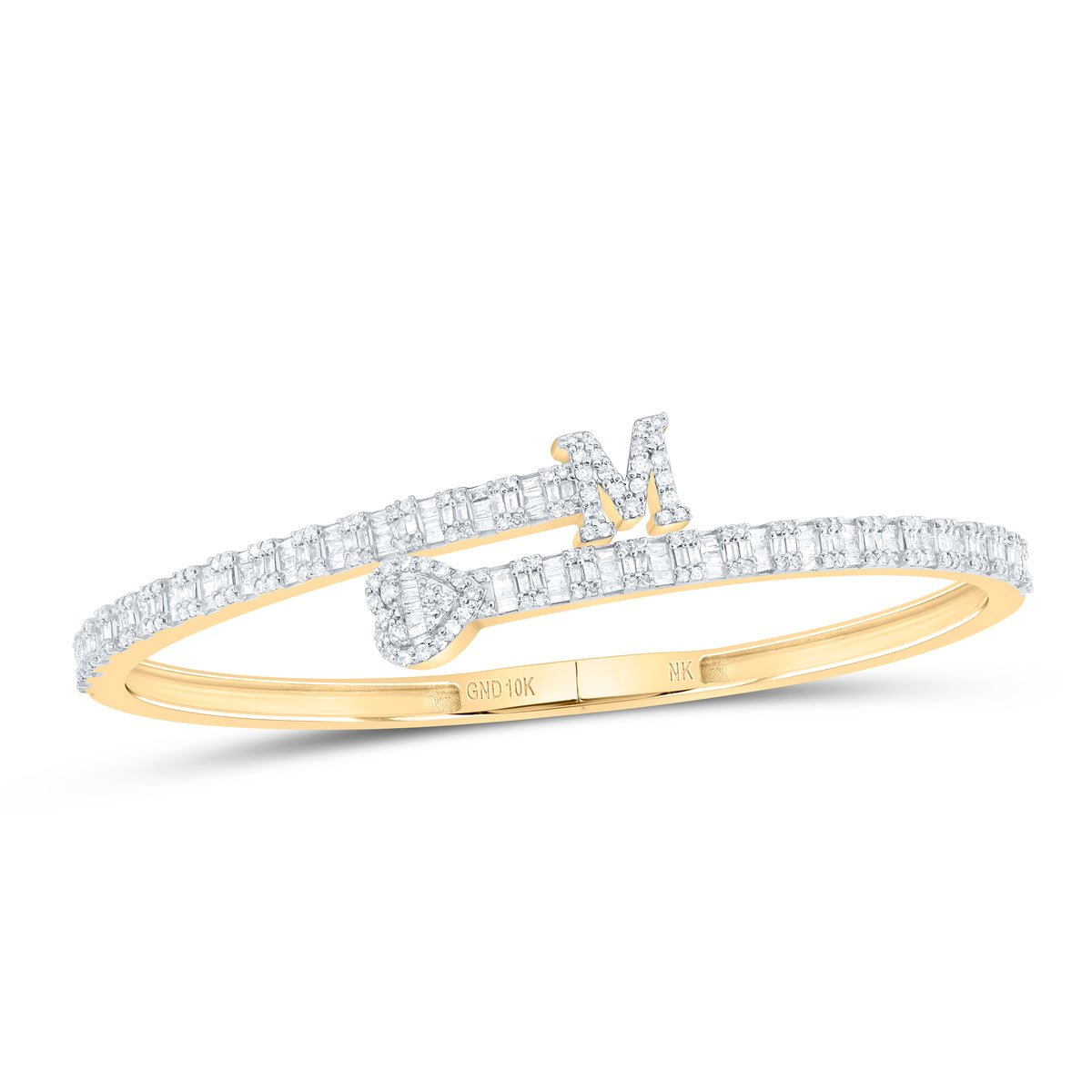 1 5/8CTW-DIA NK HEART INITIAL "M" LADIES CUFF BANGLE (55X65 MM)