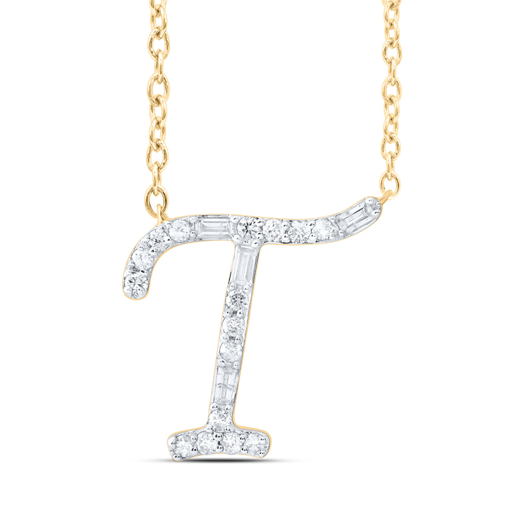 1/5CTW-DIA CN INITIAL "T" FASHION BAGUETTE NECKLACE (18 INCH)