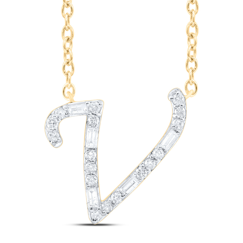 1/5CTW-DIA CN INITIAL "V" FASHION BAGUETTE NECKLACE (18 INCH)