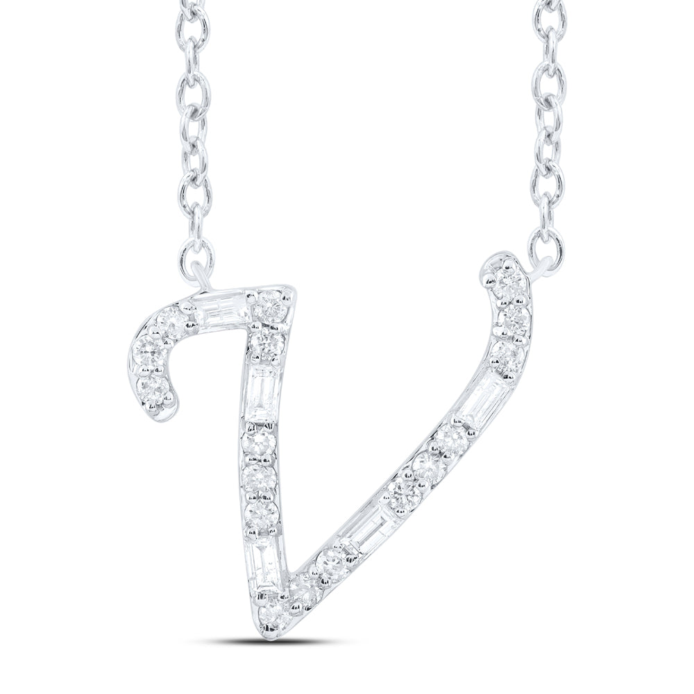1/5CTW-DIA CN INITIAL "V" FASHION BAGUETTE NECKLACE (18 INCH)