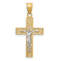 Load image into Gallery viewer, 14K Two-Tone D/C Small Block Filigree Crucifix Pendant
