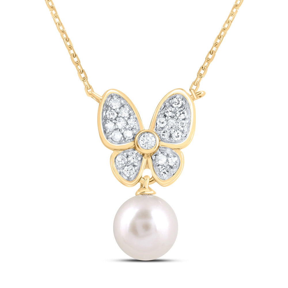 1/8CTW-DIA CN 6MM-PEARL BUTTERFLY NECKLACE (18 INCH)