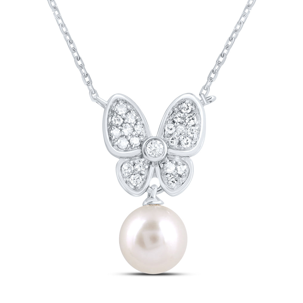 1/8CTW-DIA CN 6MM-PEARL BUTTERFLY NECKLACE (18 INCH)