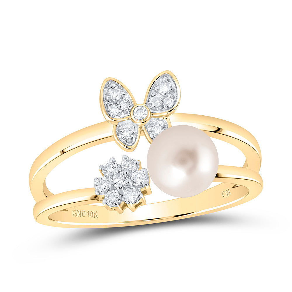 1/6CTW-DIA CN 6MM-PEARL BUTTERFLY LADIES RING