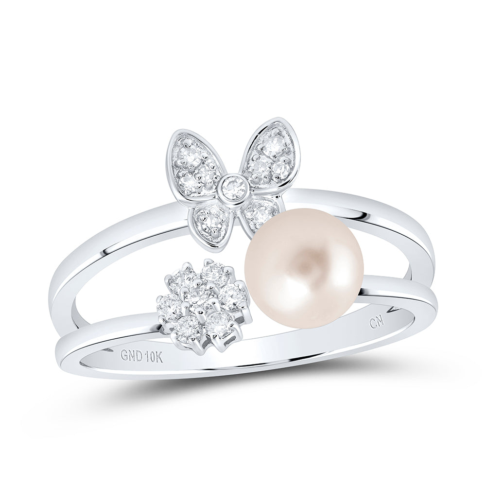 1/6CTW-DIA CN 6MM-PEARL BUTTERFLY LADIES RING