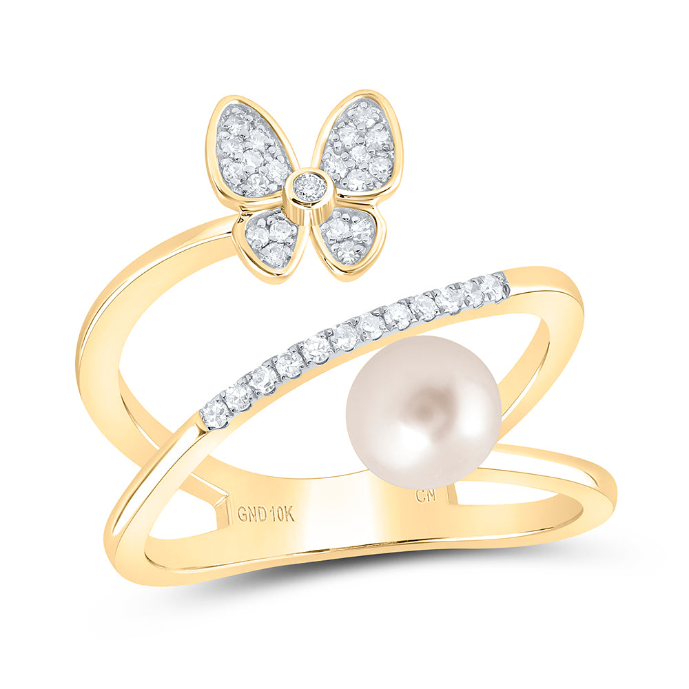 1/6CTW-DIA CN 6MM-PEARL BUTTERFLY LADIES RING