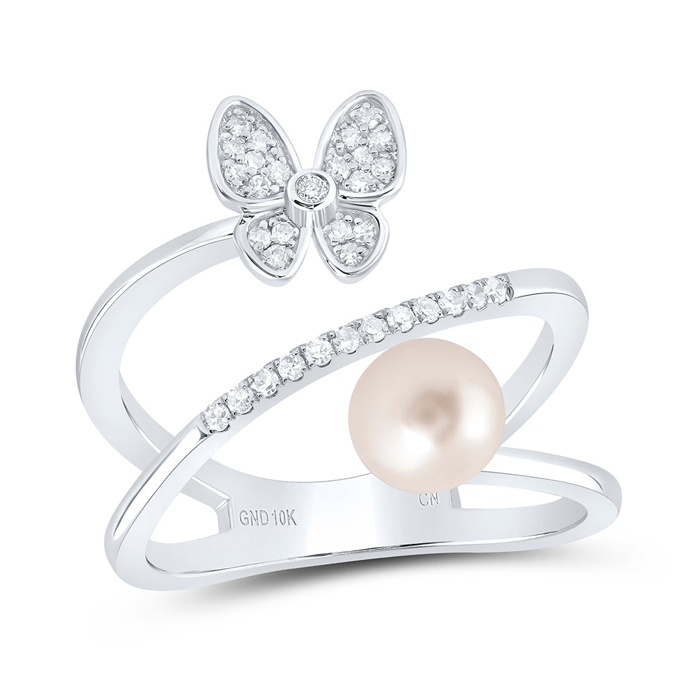 1/6CTW-DIA CN 6MM-PEARL BUTTERFLY LADIES RING