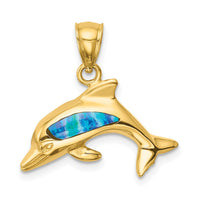 Load image into Gallery viewer, 14K Lab Created Opal Dolphin Pendant
