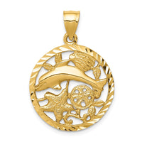 Load image into Gallery viewer, 14K Diamond-cut Dolphin and Shells Circle Pendant
